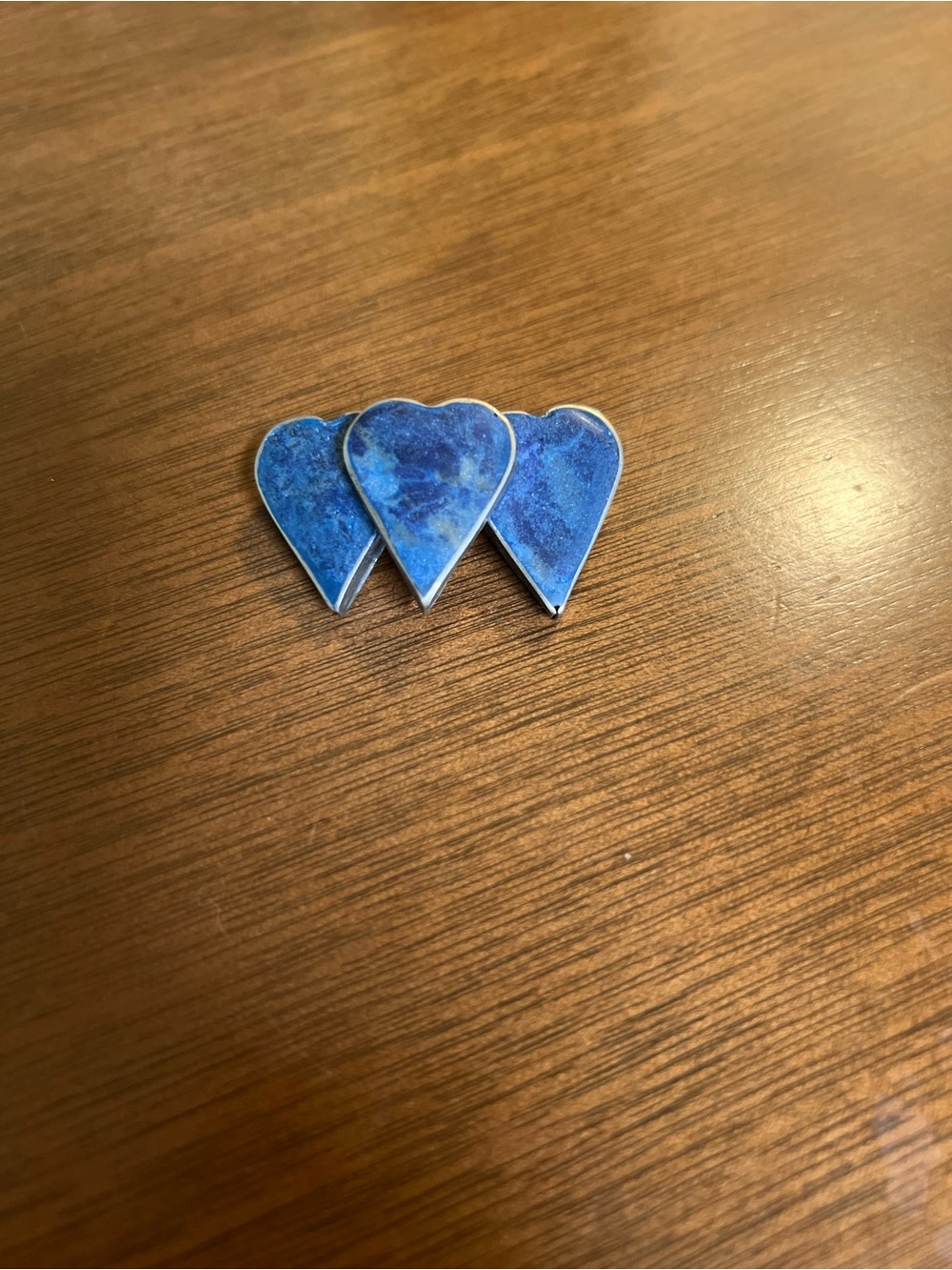 Vintage Lapis Lazuli Triple Heart Brooch Pin - Handcrafted Gemstone Inlay